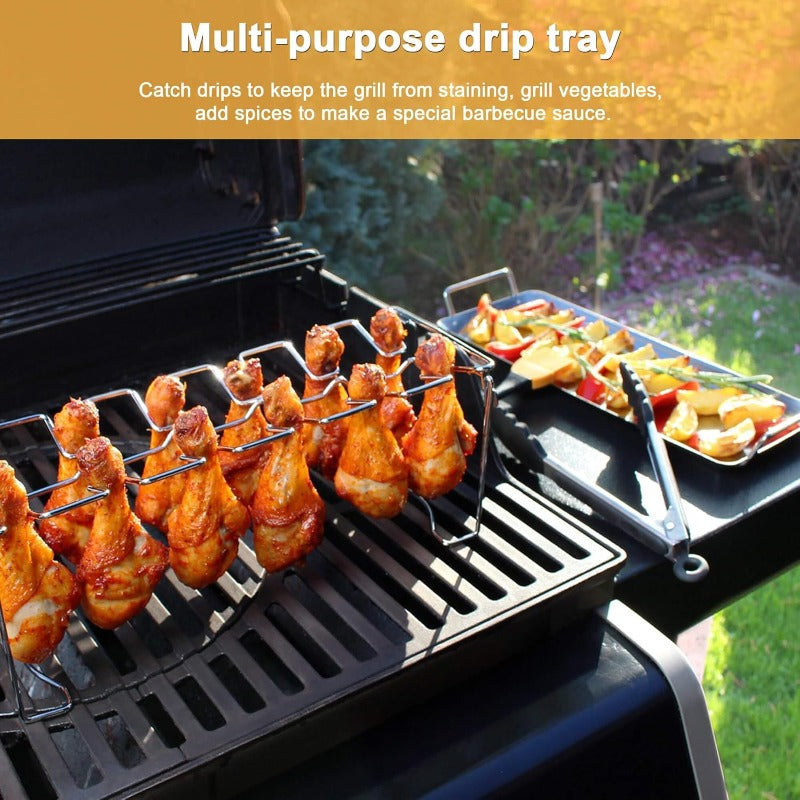 🍗 Stainless Steel Chicken Leg Rack 🔥 | BBQ Drumstick Roasting Stand with Drip Tray for Oven & Grill