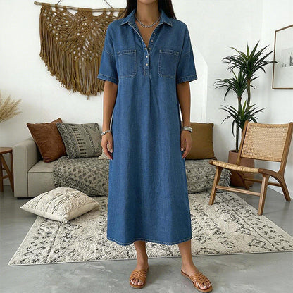 👗 50% OFF NOW! 👖 Casual Pocket Denim Midi Shirt Dress – Soft denim & relaxed fit – Functional pockets, perfect for everyday casual – comfortable and versatile ✨🌸