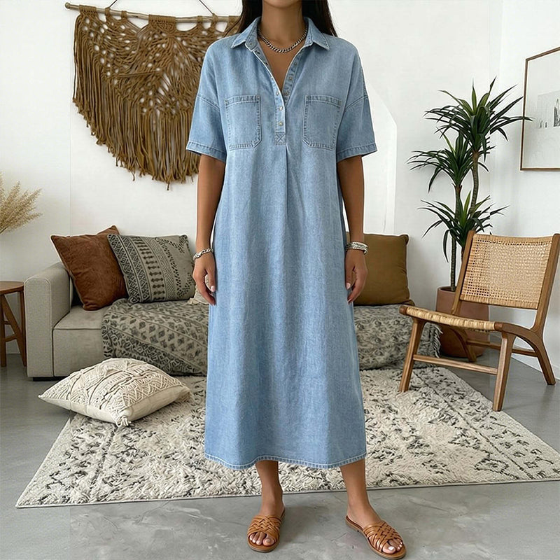 👗 50% OFF NOW! 👖 Casual Pocket Denim Midi Shirt Dress – Soft denim & relaxed fit – Functional pockets, perfect for everyday casual – comfortable and versatile ✨🌸