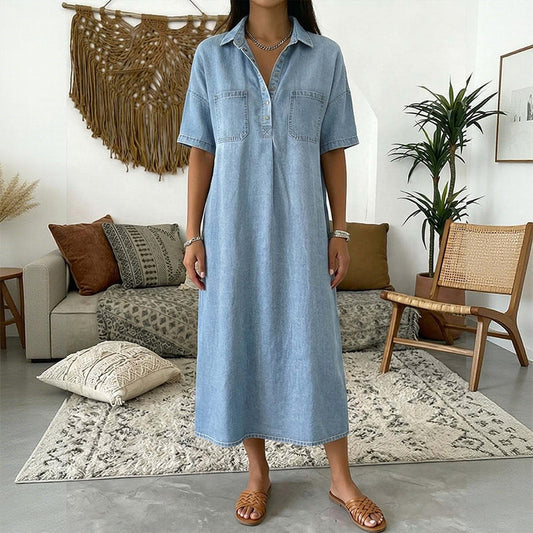 👗 50% OFF NOW! 👖 Casual Pocket Denim Midi Shirt Dress – Soft denim & relaxed fit – Functional pockets, perfect for everyday casual – comfortable and versatile ✨🌸