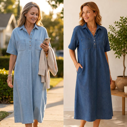 👗 50% OFF NOW! 👖 Casual Pocket Denim Midi Shirt Dress – Soft denim & relaxed fit – Functional pockets, perfect for everyday casual – comfortable and versatile ✨🌸