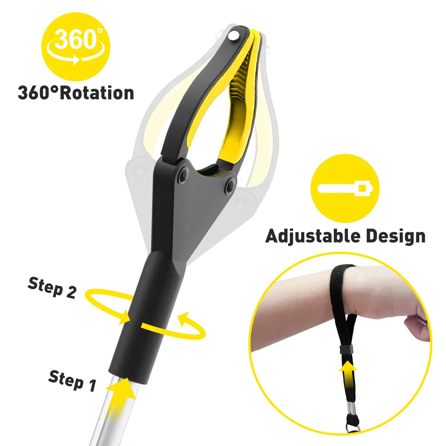 🦾 Extra-Long Grabber Tool | 360° Rotating Jaw, Featuring Magnetic Tip and Anti-Drop Wrist Strap