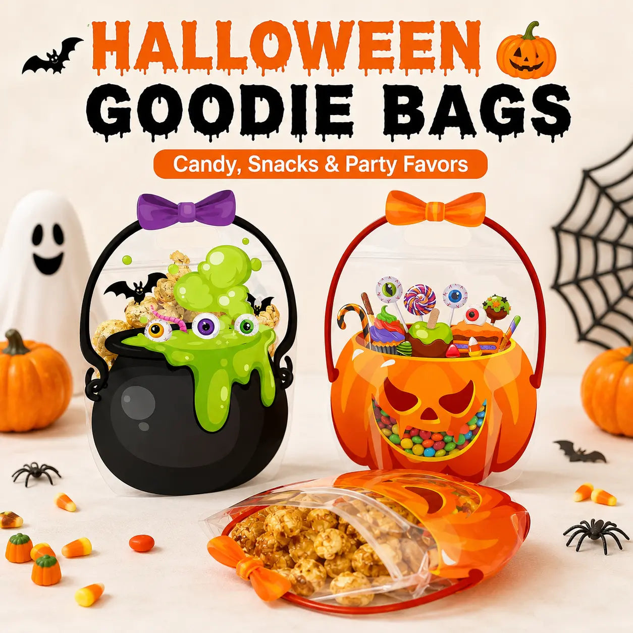 🎃 Halloween Plastic Gift Bags/Candy Bags | Suitable for Halloween parties, classrooms, and birthdays; ideal for distributing and storing treats for students, teachers, and neighbors.