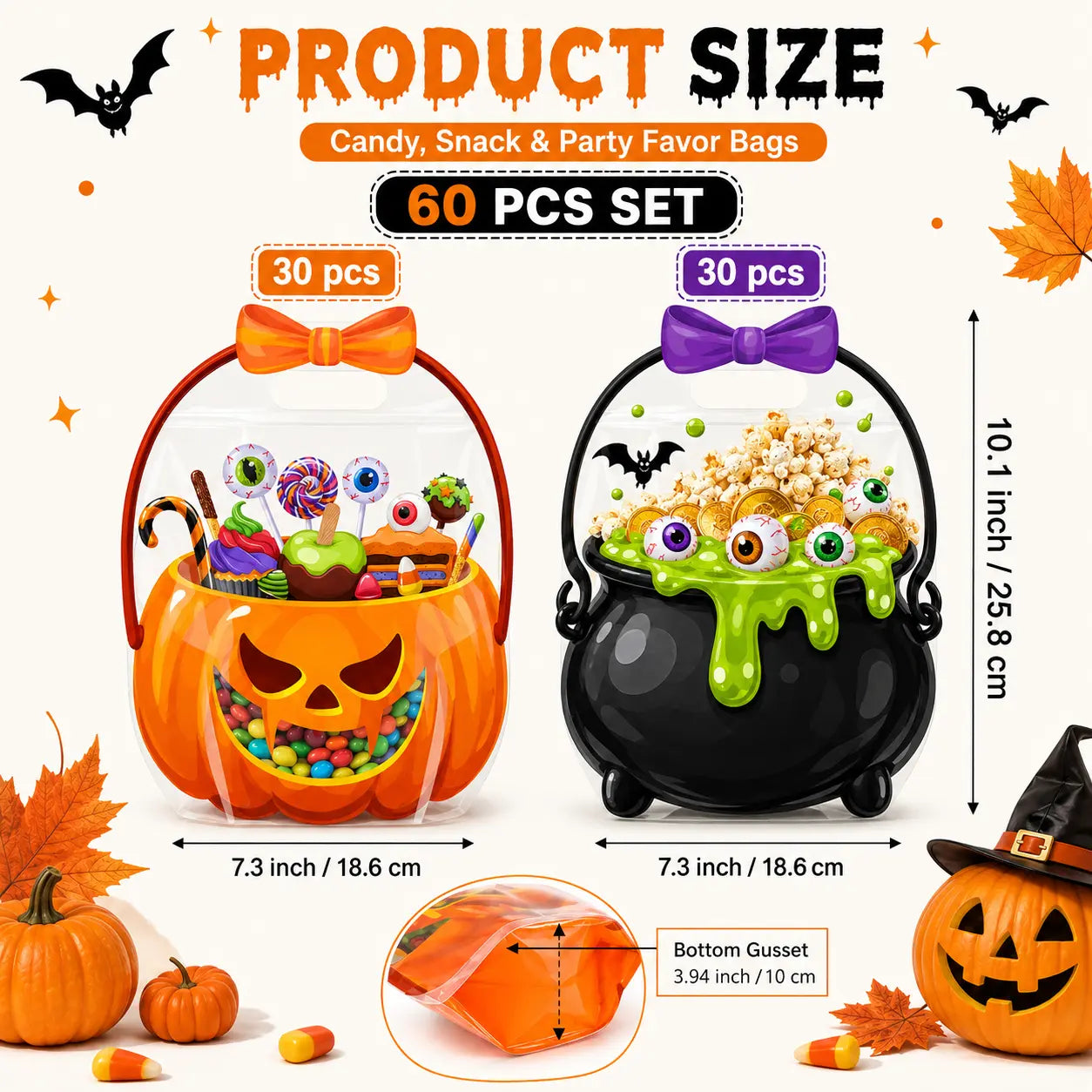 🎃 Halloween Plastic Gift Bags/Candy Bags | Suitable for Halloween parties, classrooms, and birthdays; ideal for distributing and storing treats for students, teachers, and neighbors.