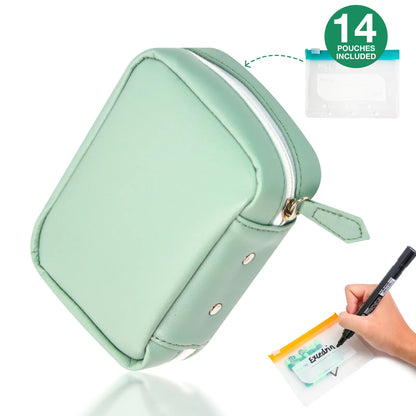 💊 Waterproof pill organizer set (includes 14 inner pouches) suitable for a 7–14 day medication supply; features a zippered A8 storage pouch (ideal for fish oil and vitamins), a reusable and portable design, and color-coded labels.