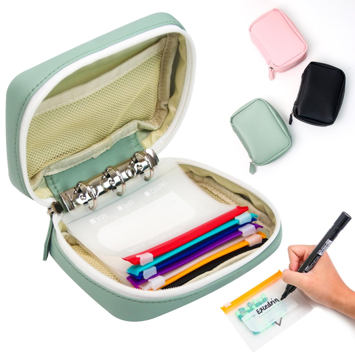 💊 Waterproof pill organizer set (includes 14 inner pouches) suitable for a 7–14 day medication supply; features a zippered A8 storage pouch (ideal for fish oil and vitamins), a reusable and portable design, and color-coded labels.