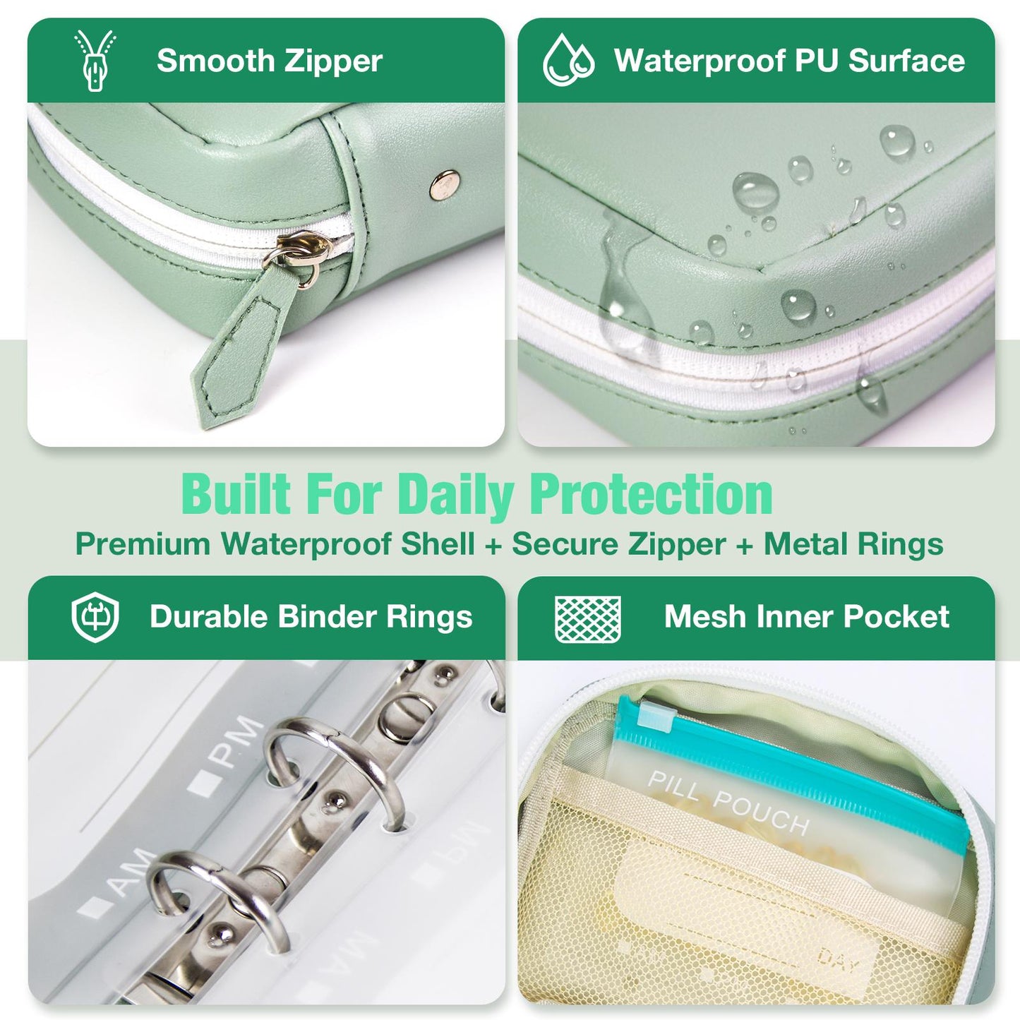 💊 Waterproof pill organizer set (includes 14 inner pouches) suitable for a 7–14 day medication supply; features a zippered A8 storage pouch (ideal for fish oil and vitamins), a reusable and portable design, and color-coded labels.