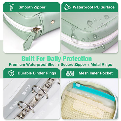 💊 Waterproof pill organizer set (includes 14 inner pouches) suitable for a 7–14 day medication supply; features a zippered A8 storage pouch (ideal for fish oil and vitamins), a reusable and portable design, and color-coded labels.