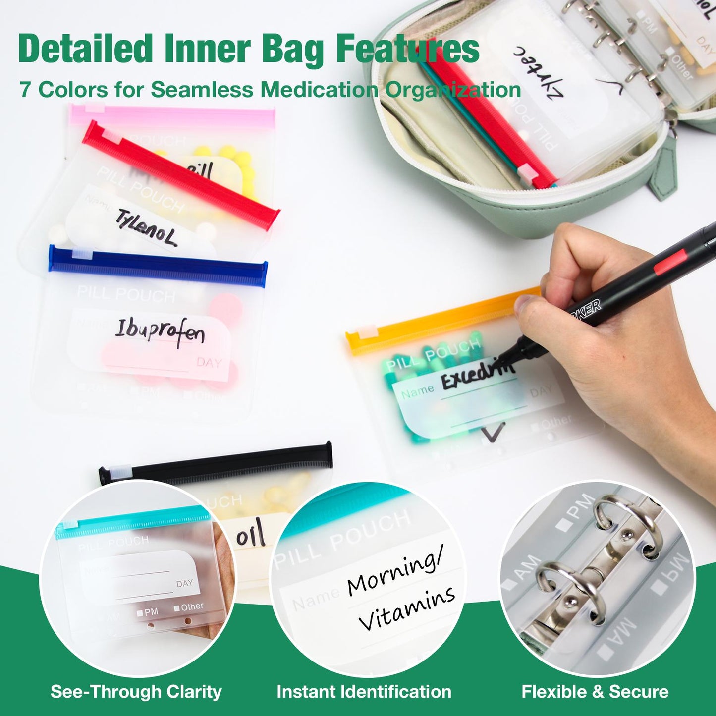 💊 Waterproof pill organizer set (includes 14 inner pouches) suitable for a 7–14 day medication supply; features a zippered A8 storage pouch (ideal for fish oil and vitamins), a reusable and portable design, and color-coded labels.