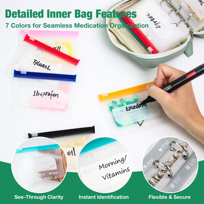 💊 Waterproof pill organizer set (includes 14 inner pouches) suitable for a 7–14 day medication supply; features a zippered A8 storage pouch (ideal for fish oil and vitamins), a reusable and portable design, and color-coded labels.