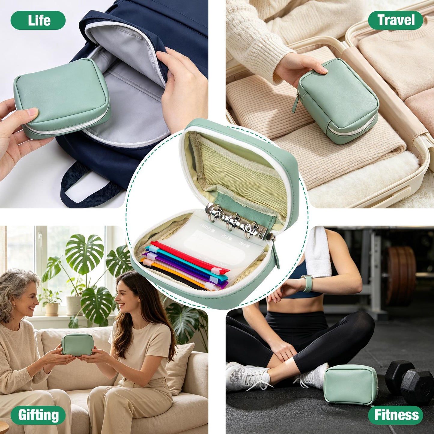 💊 Waterproof pill organizer set (includes 14 inner pouches) suitable for a 7–14 day medication supply; features a zippered A8 storage pouch (ideal for fish oil and vitamins), a reusable and portable design, and color-coded labels.