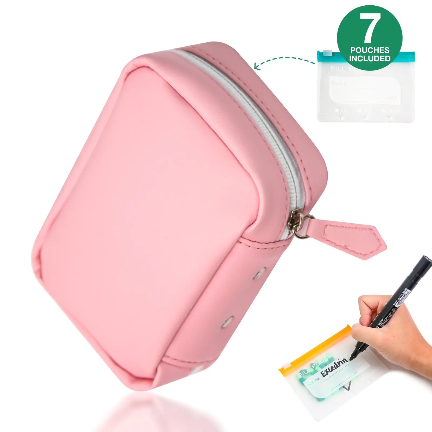 💊 Waterproof pill organizer set (includes 14 inner pouches) suitable for a 7–14 day medication supply; features a zippered A8 storage pouch (ideal for fish oil and vitamins), a reusable and portable design, and color-coded labels.