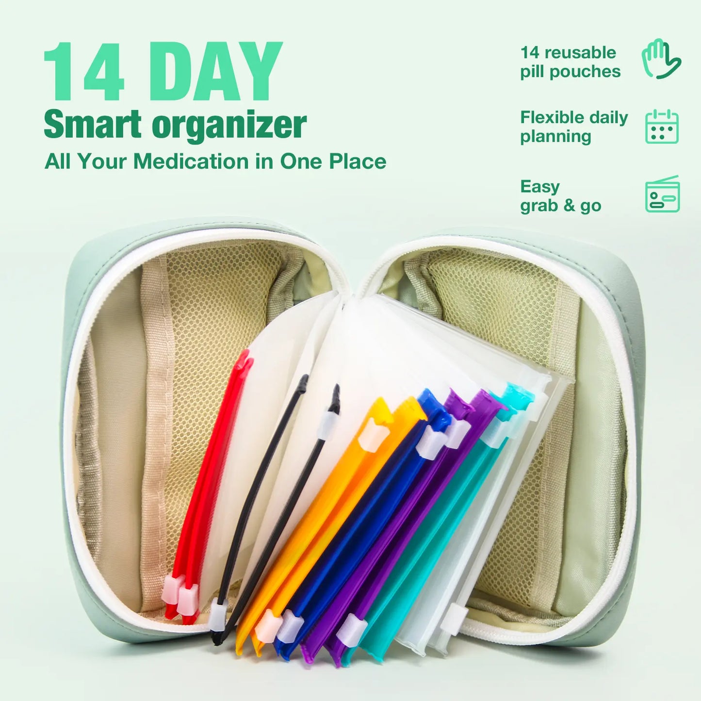 💊 Waterproof pill organizer set (includes 14 inner pouches) suitable for a 7–14 day medication supply; features a zippered A8 storage pouch (ideal for fish oil and vitamins), a reusable and portable design, and color-coded labels.