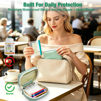 💊 Waterproof pill organizer set (includes 14 inner pouches) suitable for a 7–14 day medication supply; features a zippered A8 storage pouch (ideal for fish oil and vitamins), a reusable and portable design, and color-coded labels.